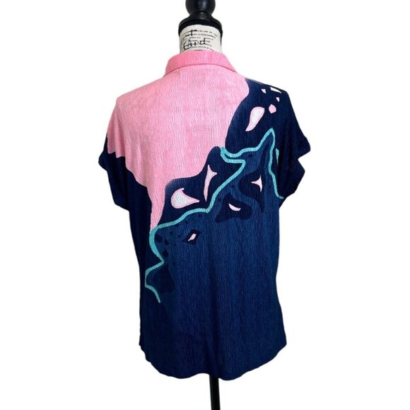 Jamie Sadock Women's Size M Top Abstract Print Zip Pink Blue Crinkle - Picture 3 of 7